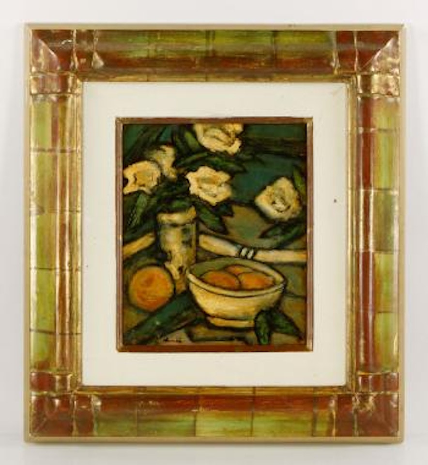 Still life with bouquet of flowers and bowl of fruit by George Leslie Hunter