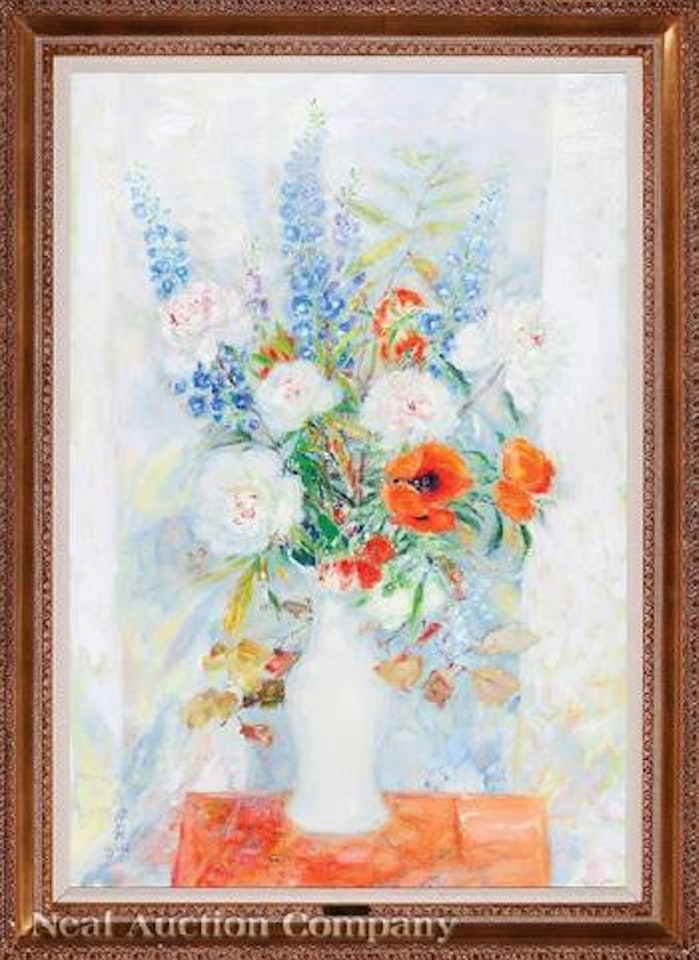 Still Life with Poppies, Peonies, and Delphiniums by Le Pho