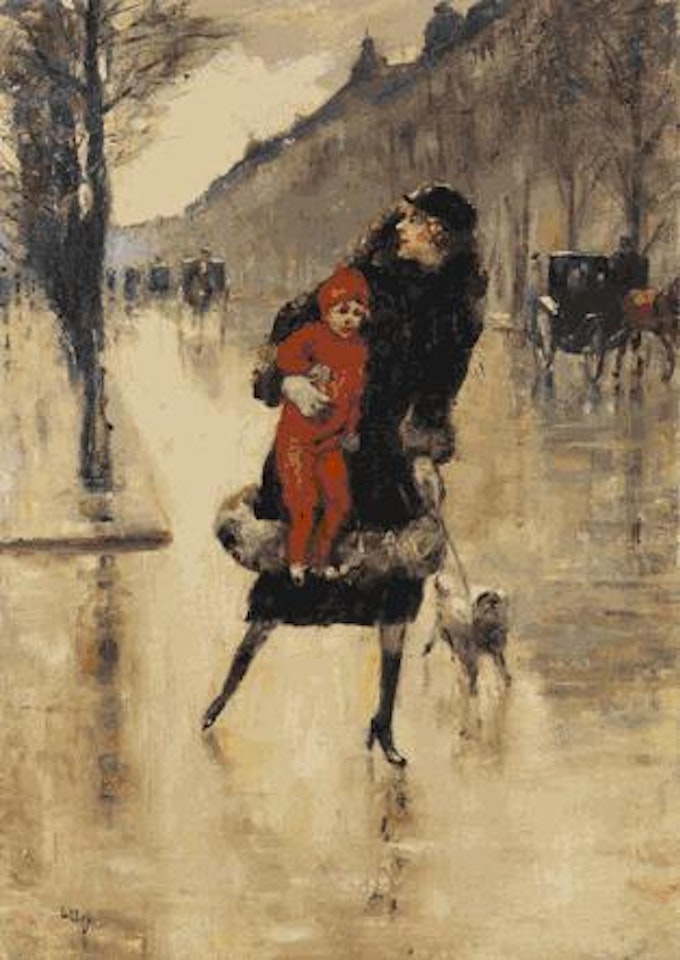 Dame mit Kind auf einer Straßenkreuzung by Lesser Ury