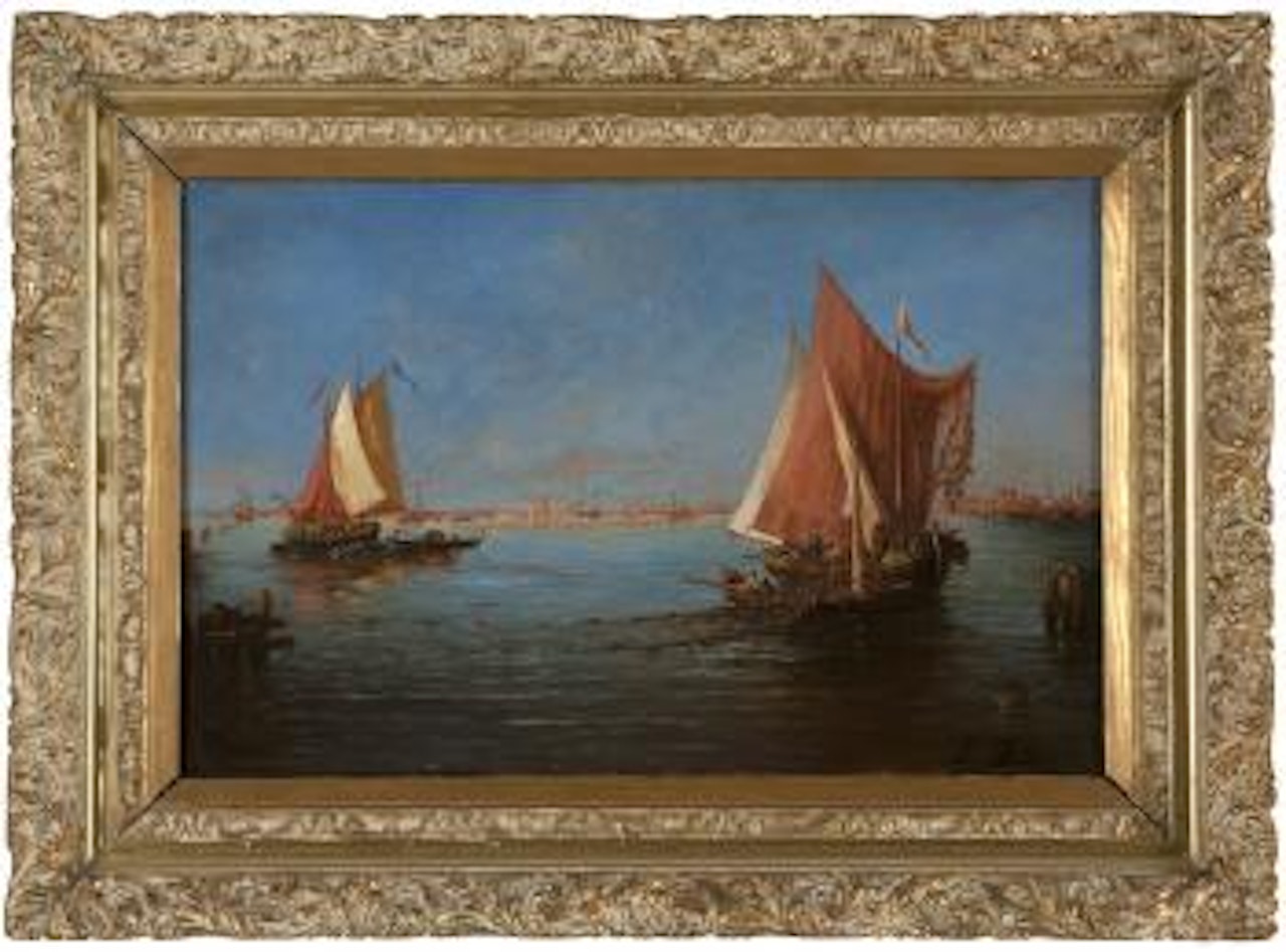 Fisherman on a boat using a seine net by Félix Ziem