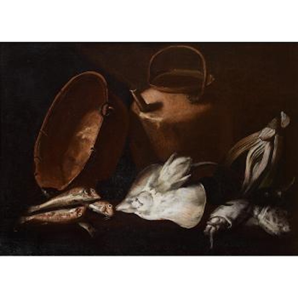 Seiches et fenouil près d’une bassine en cuivre by Giuseppe Recco