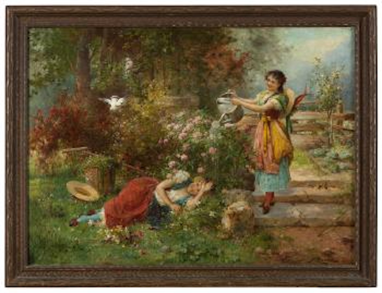 Young women frolicking in a garden by Hans Zatzka