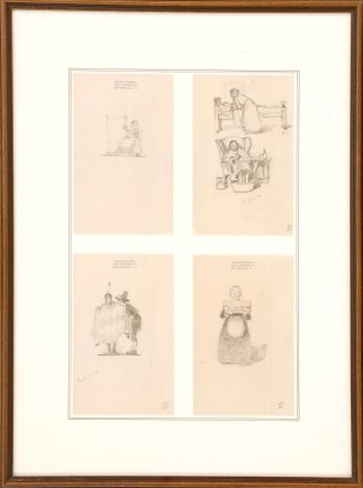 Woman with Child Weaving; Woman Tucking Child into Bed and Man Soaking Feet in Tub; American Native and Pilgrim Blanket Trading; Woman Carrying Stack of Blankets by Norman Rockwell