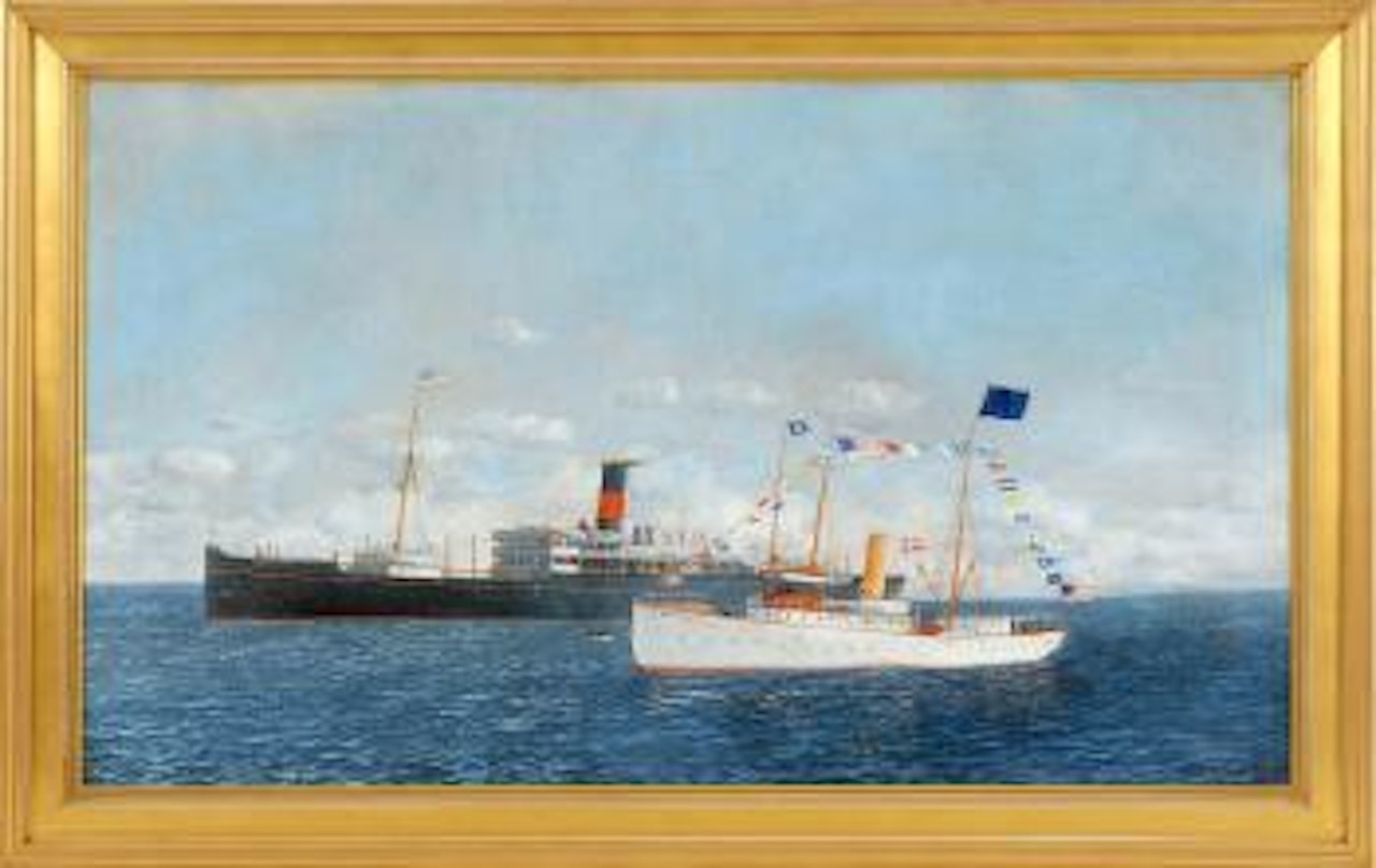 The passenger steamship 'United States' and the pilot boat 'New York' flying signal flags by Antonio Jacobsen