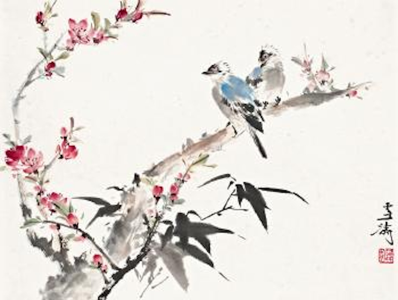 Two birds on branch by Wang Xuetao