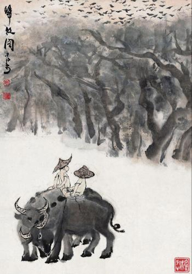 Returning home under sunset by Li Keran