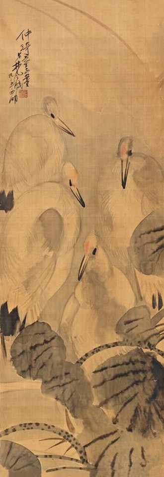 Egrets in lotus pond by Lin Fengmian