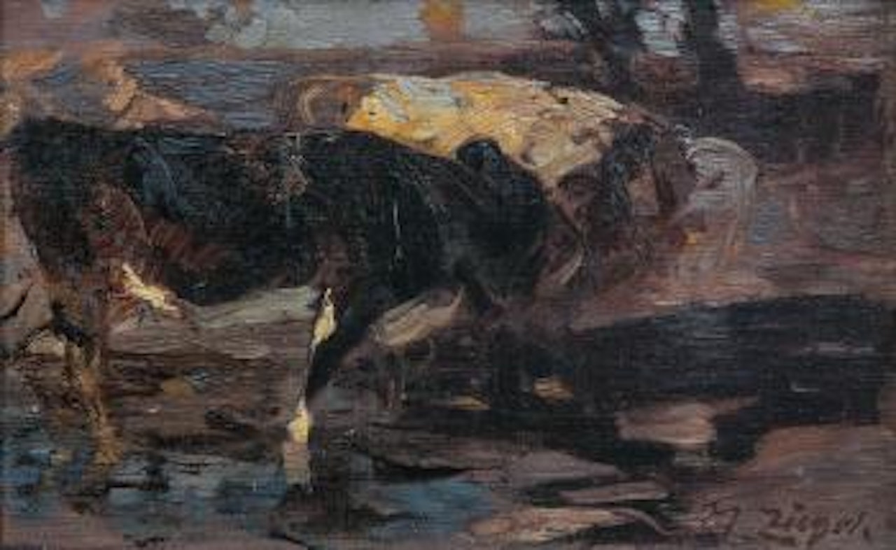Two cows on the water by Heinrich von Zugel