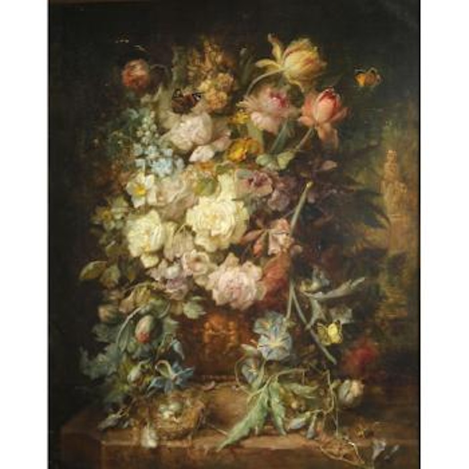 A Still Life of Roses and other Flowers with Butterflies and a Birds Nest by Hans Zatzka