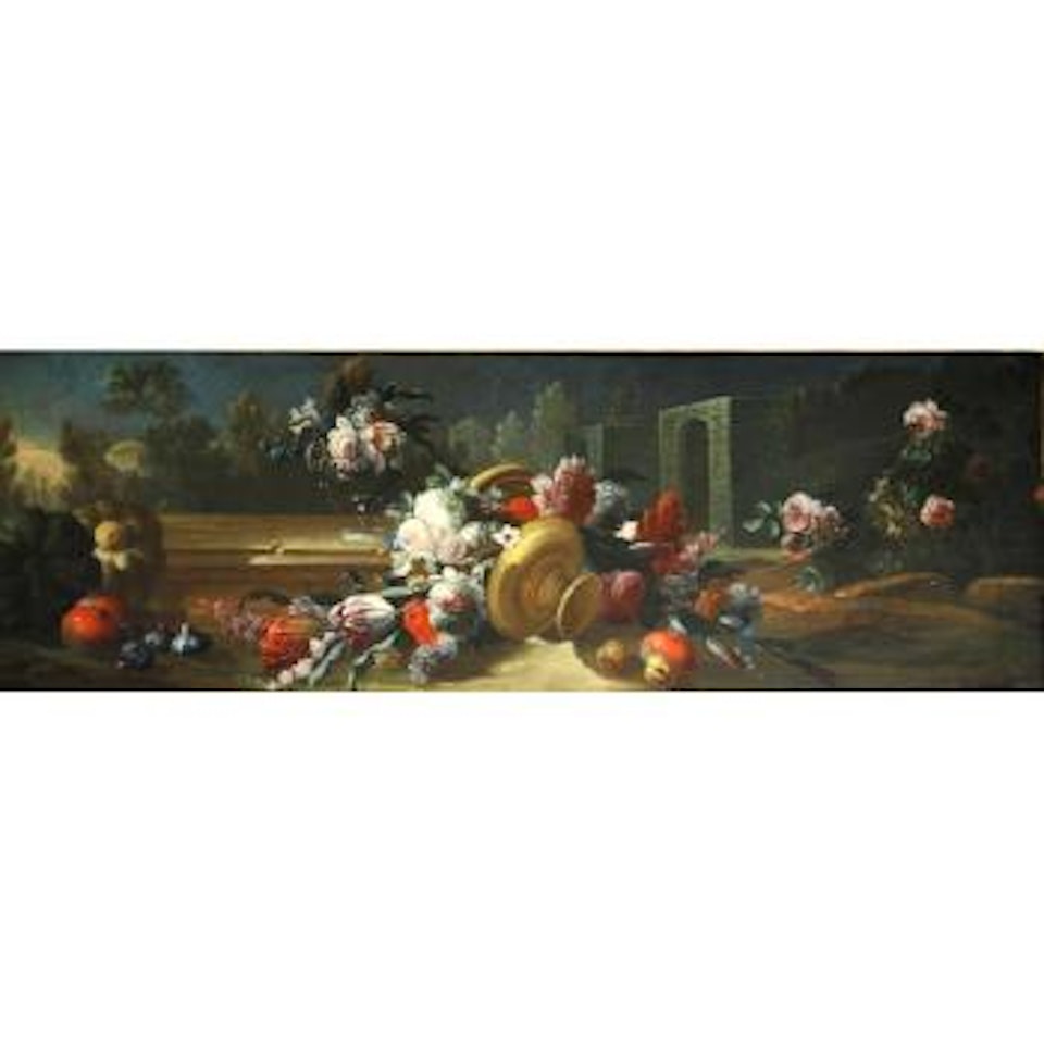 A Floral Still Life with a Watermelon in a Garden Landscape; A floral still life with fruit in a garden landscape (a pair) by Gasparo Lopez