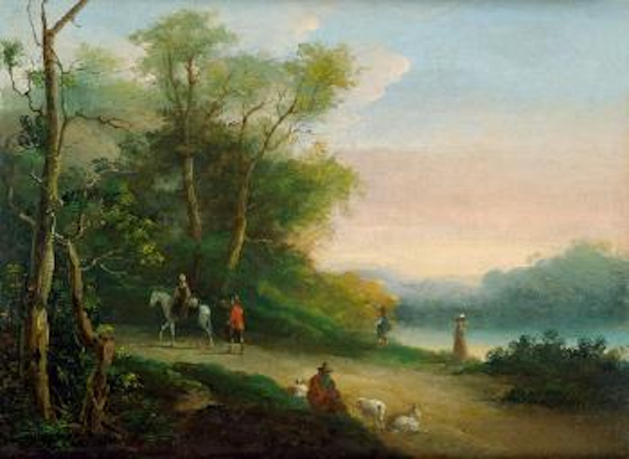 Pastorale Flusslandschaft mit Hirten, Wanderern und Reiterin by Giuseppe Bernardino Bison