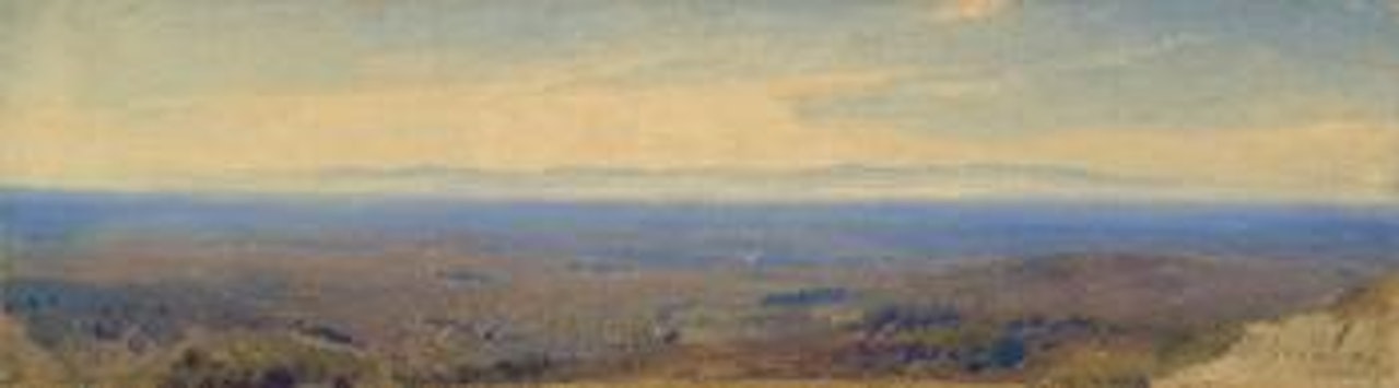 Blick über die römische Campagna im Dunst, im Hintergrund ein Gebirgszug by Oswald Achenbach