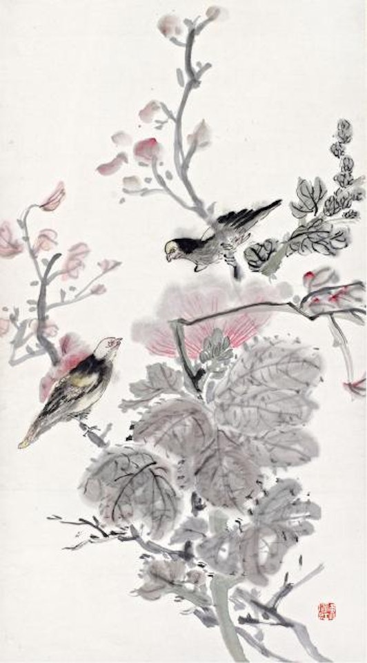 Birds perching on branch by Huang Binhong