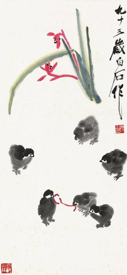 Chicks under orchids by Qi Baishi