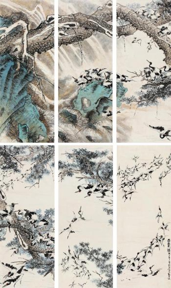 Crane fihure six screen by Zheng Naiguang
