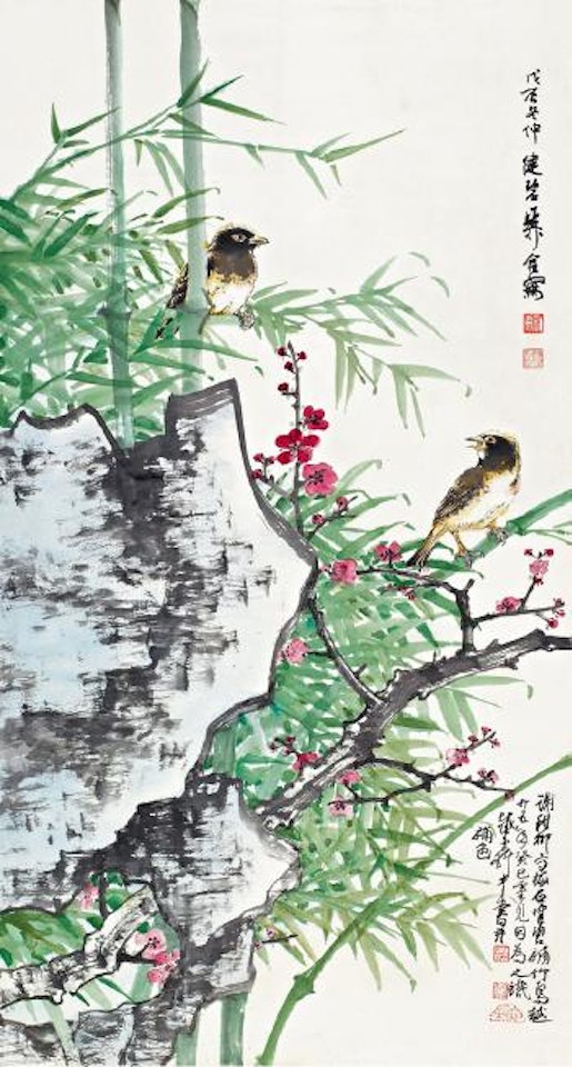 Two birds perching on bamboo by Chen Peiqiu by Xie Zhiliu