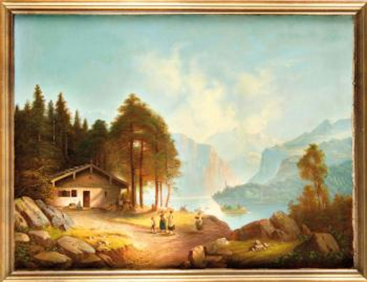 Romantische Alpenlandschaft mit Hütte am Bergsee und Personenstaffage by Anton Doll
