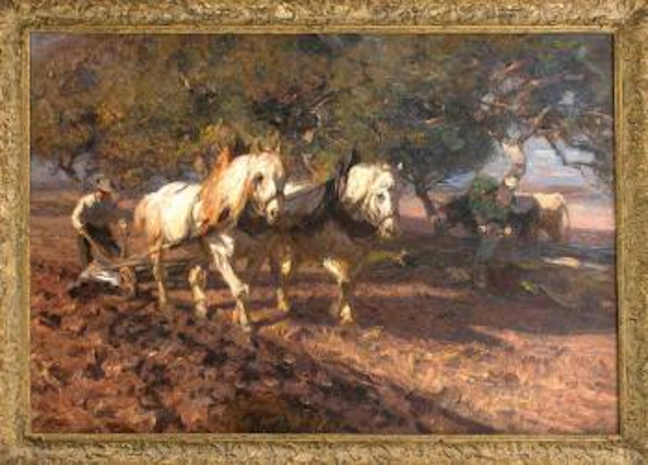 Bauer mit Zweigespann beim Pflügen in der Mittagssonne, während zwei Kühe im Schatten der Bäume stehen by Heinrich von Zugel