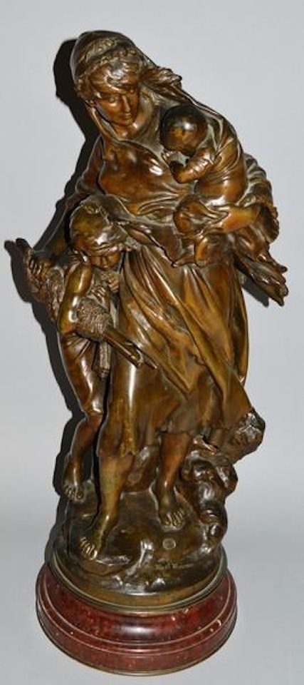 Mother shielding a child and young girl from the wind, carrying a basket and sticks by Mathurin Moreau
