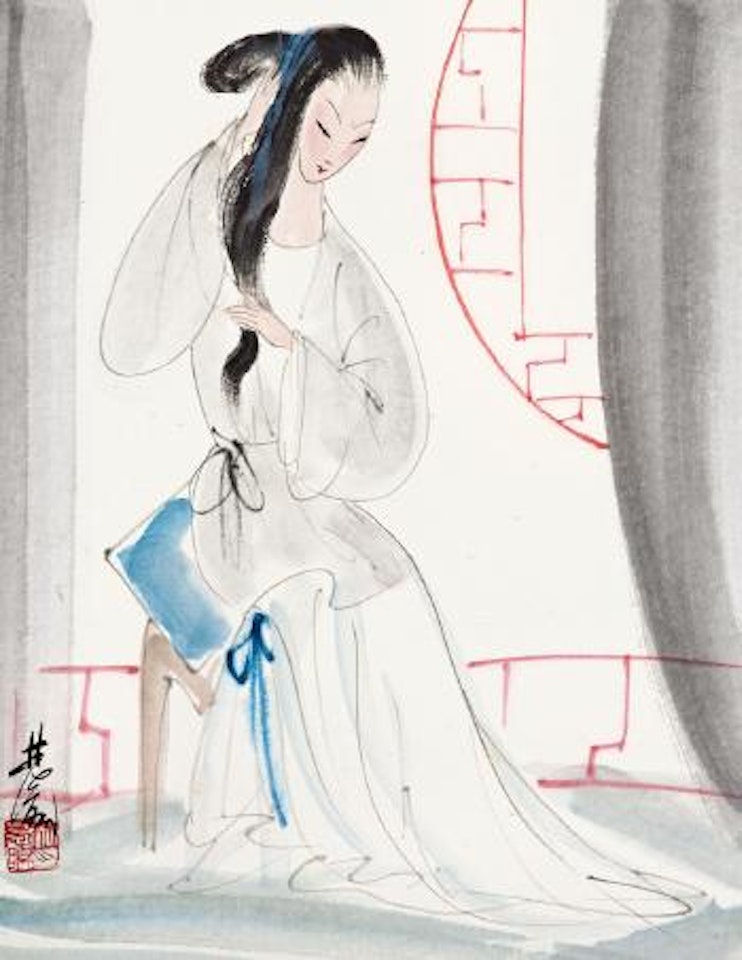 Lady dressing hair by Lin Fengmian