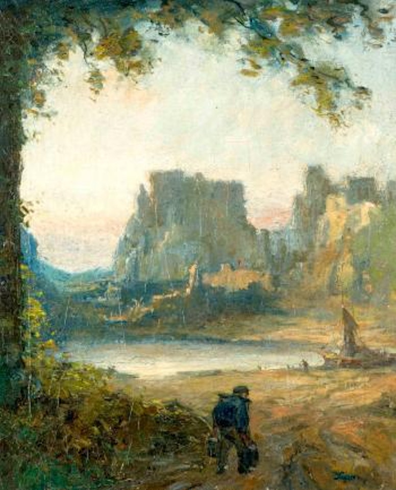 Felsige Flusslandschaft mit Fischerboot auf welches sich eine Mann mit zwei Eimern im Vordergr. Zubewegt by Félix Ziem