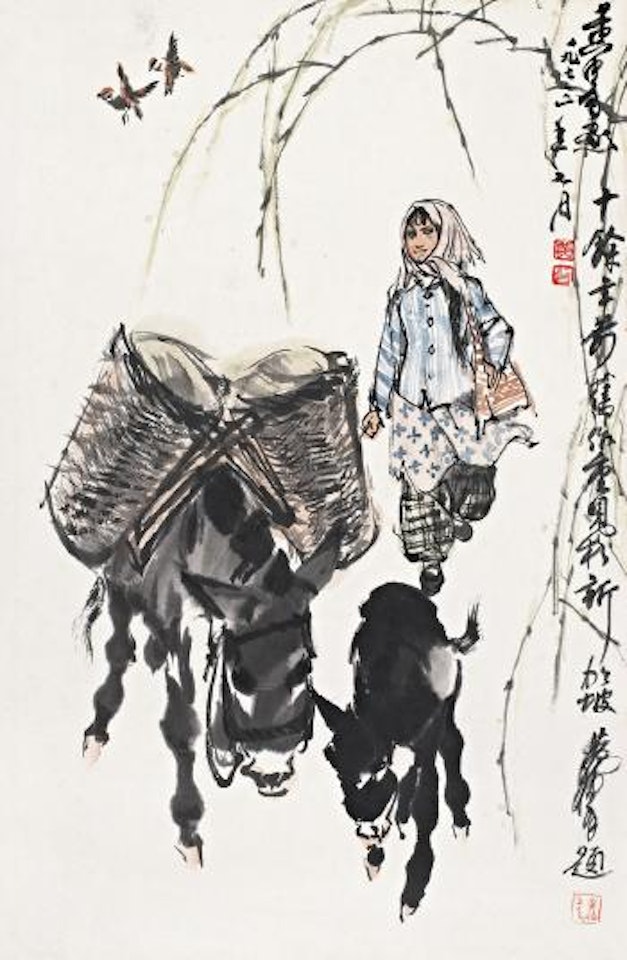 Woman and donkeys by Huang Zhou