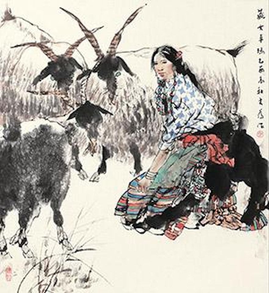 A Girl with Sheeps by Liu Dawei