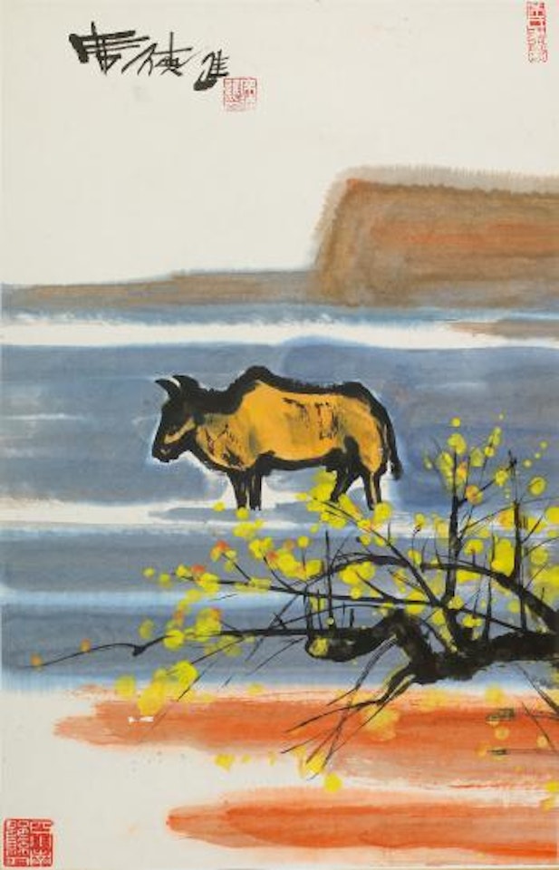 Yellow cattle and tree in a seascape by Xi Dejin