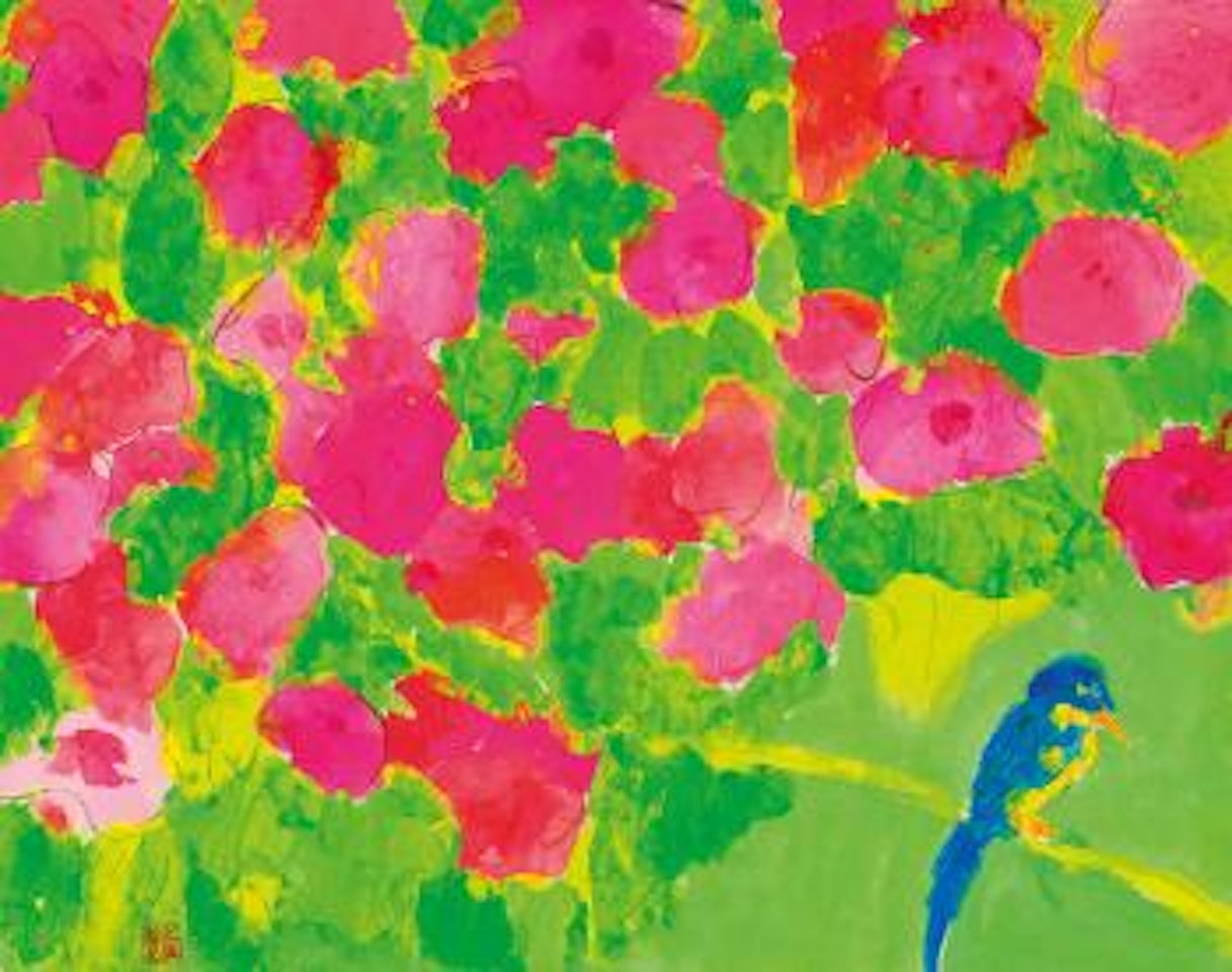 Red flowers with blue parrot by Walasse Ting