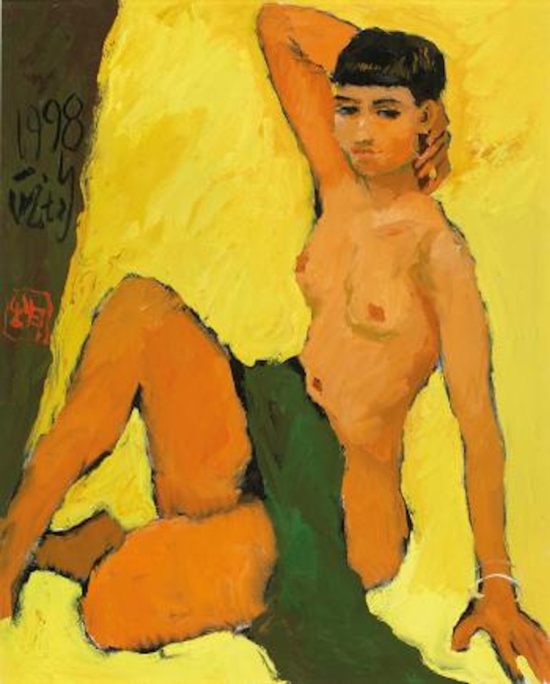 The young girl in front of the yellow background by Pang Jiun