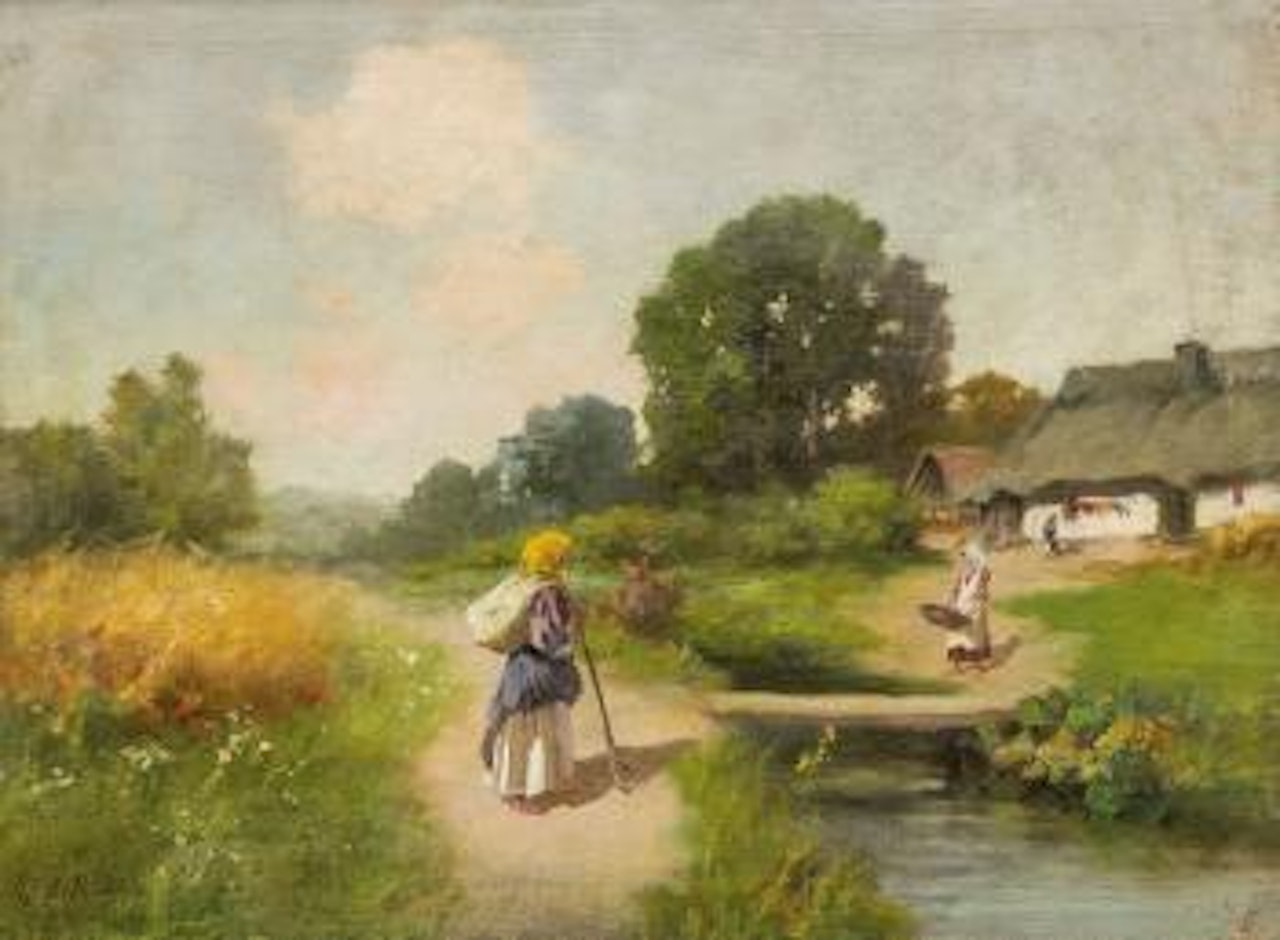 Sommerliche Landschaft mit Bäuerin vor ukrainischem Dorf by Petr Alekseevich Levchenko