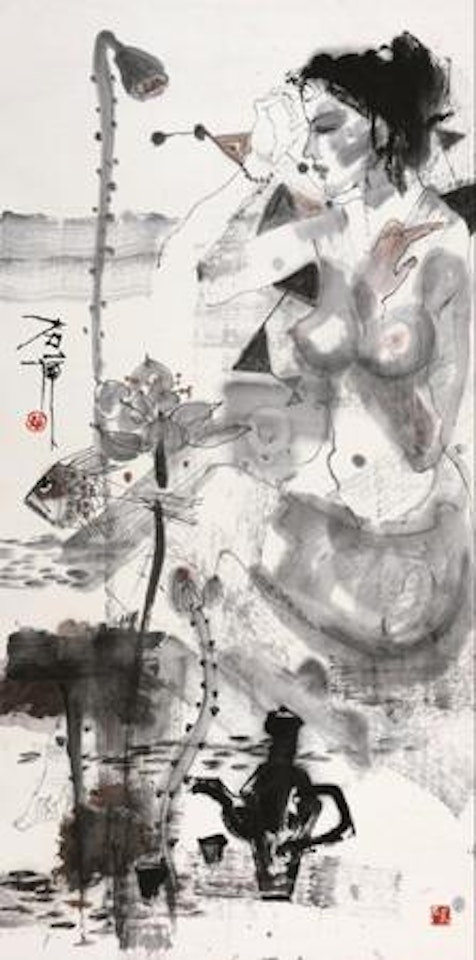 Naked Lady Sit in Lotus Poud by Shi Hu