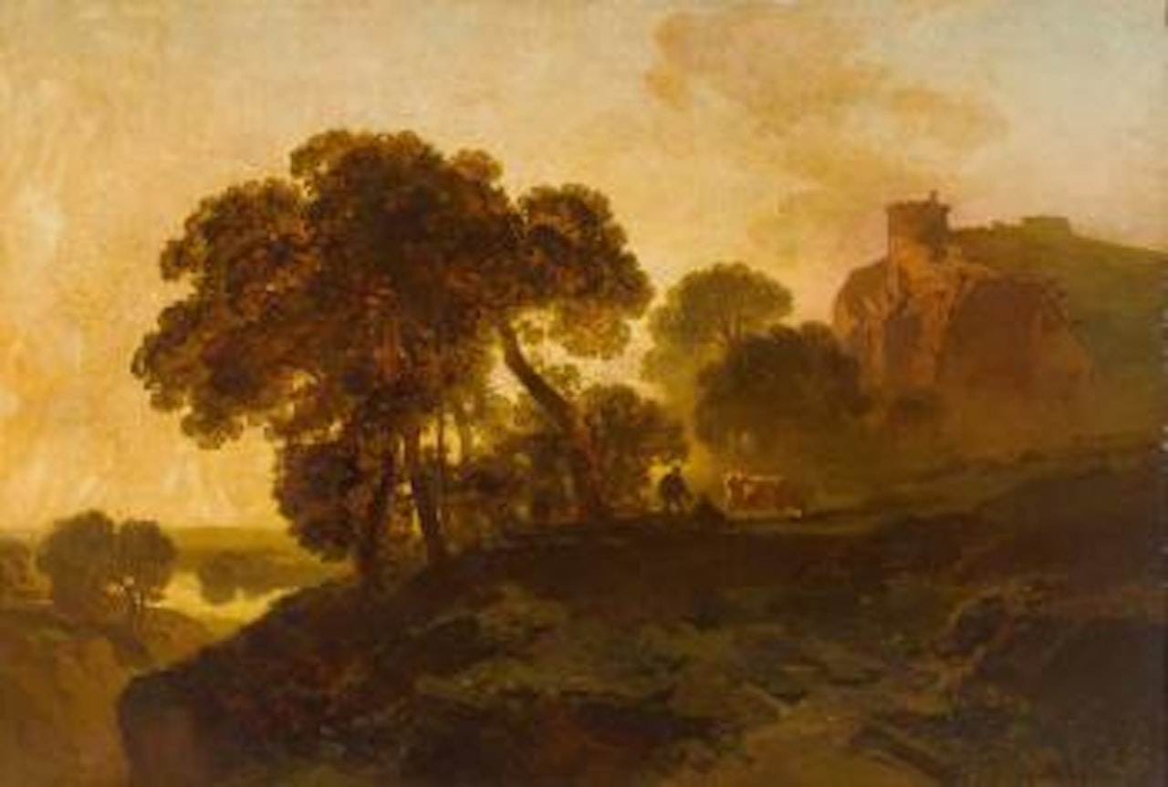 Herbstliche Fluss-/Weidelandschaft vor Burghügel by Charles Hoguet