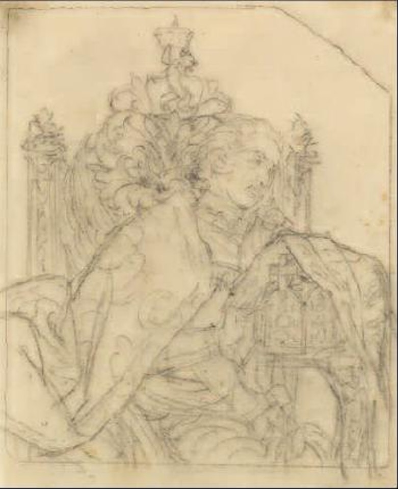 Kaiser Karl VII, mit gefalteten Händen in prunkvollen Lehnstul sitzend by Adolph Menzel