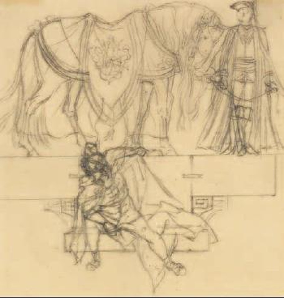 Das Pferd des Generals Stille wird von einem Offizier in Traueruniform geführt by Adolph Menzel