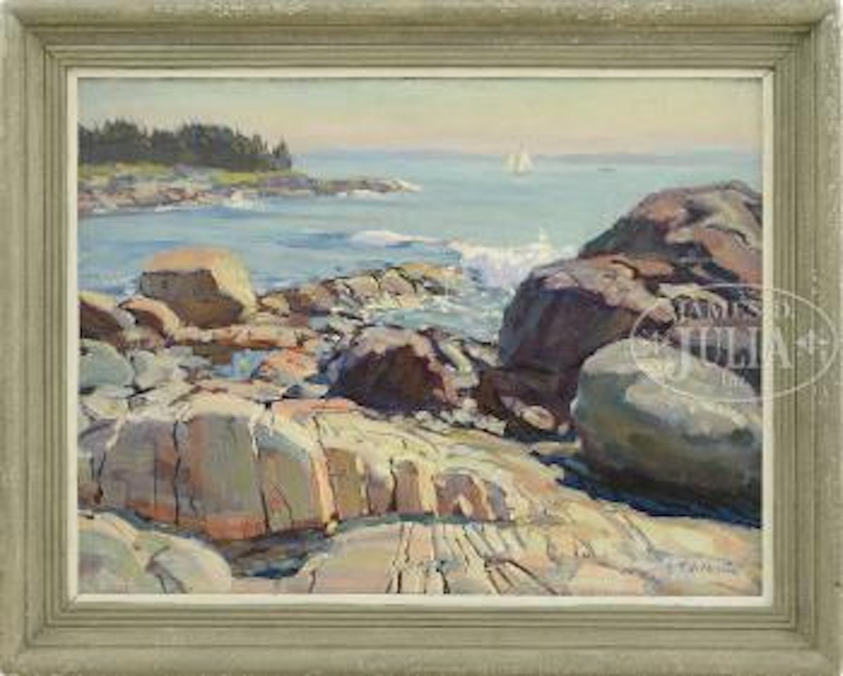 Rocky Coastline View with Sailboat by Aldro Thompson Hibbard