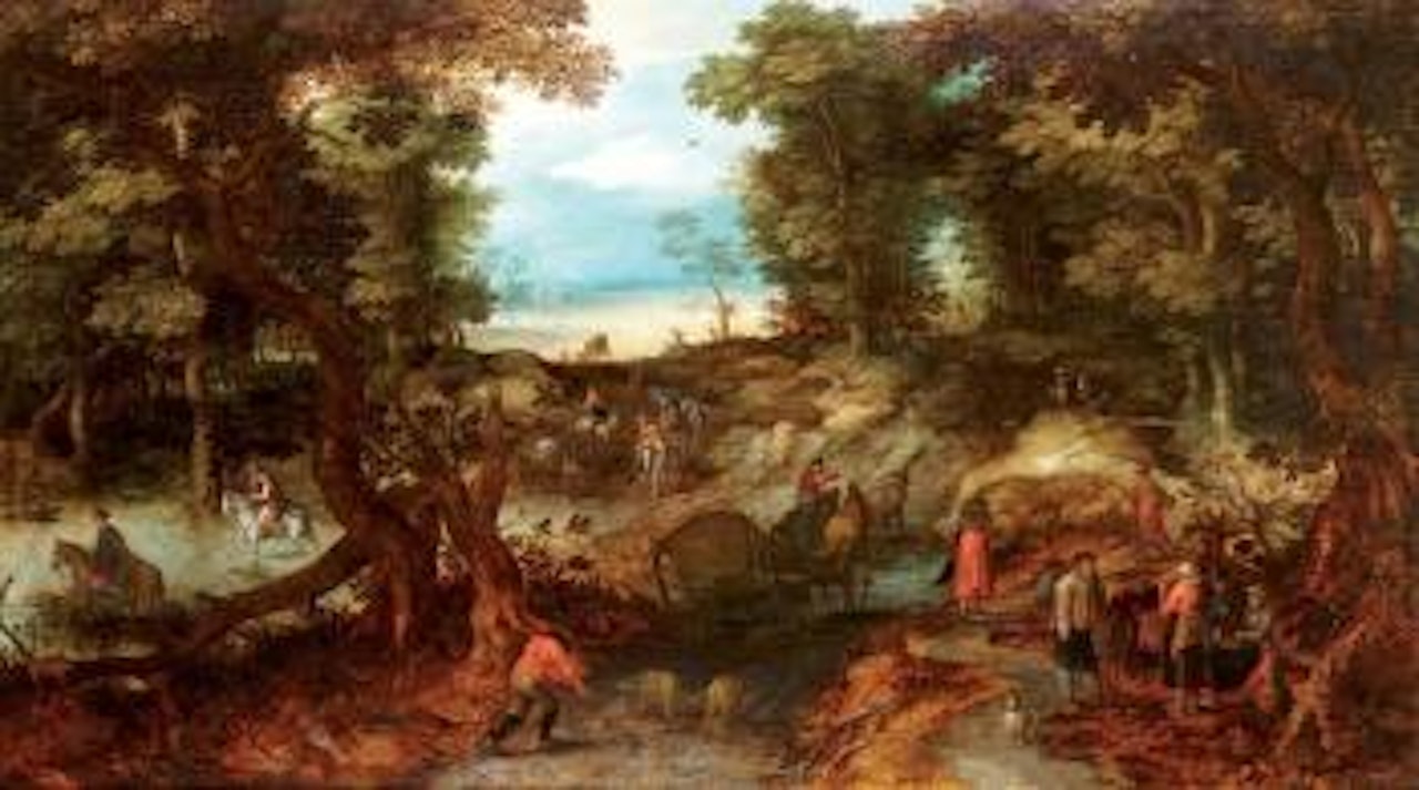 Chemin forestier avec voyageurs, carriole, villageois et cavaliers franchissant un petit cours d'eau by Jan Brueghel the Younger