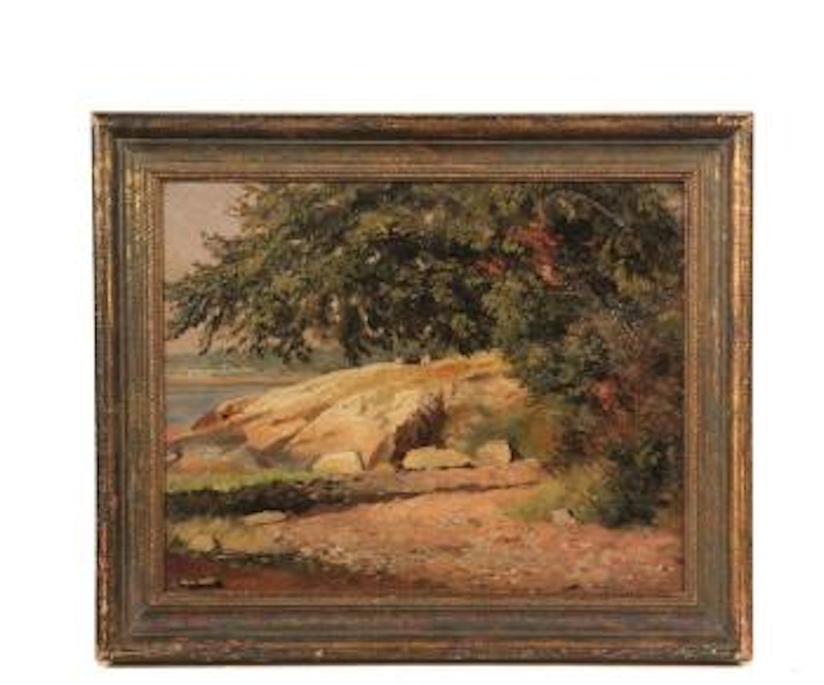 Rocky Coastal Scene with Figures Under Shade Tree by Alfred Thompson Bricher
