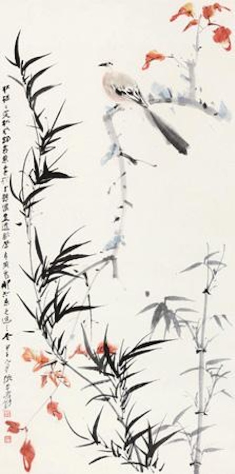 Red Leaf and Bird by Zhang Daqian