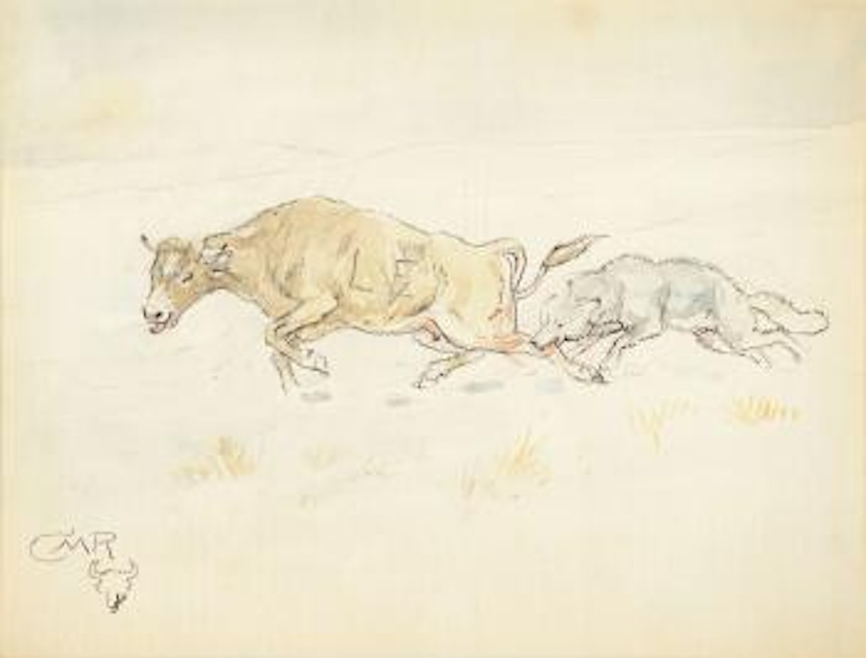 Wolf and Steer; Wolf and Bull by Charles M Russell