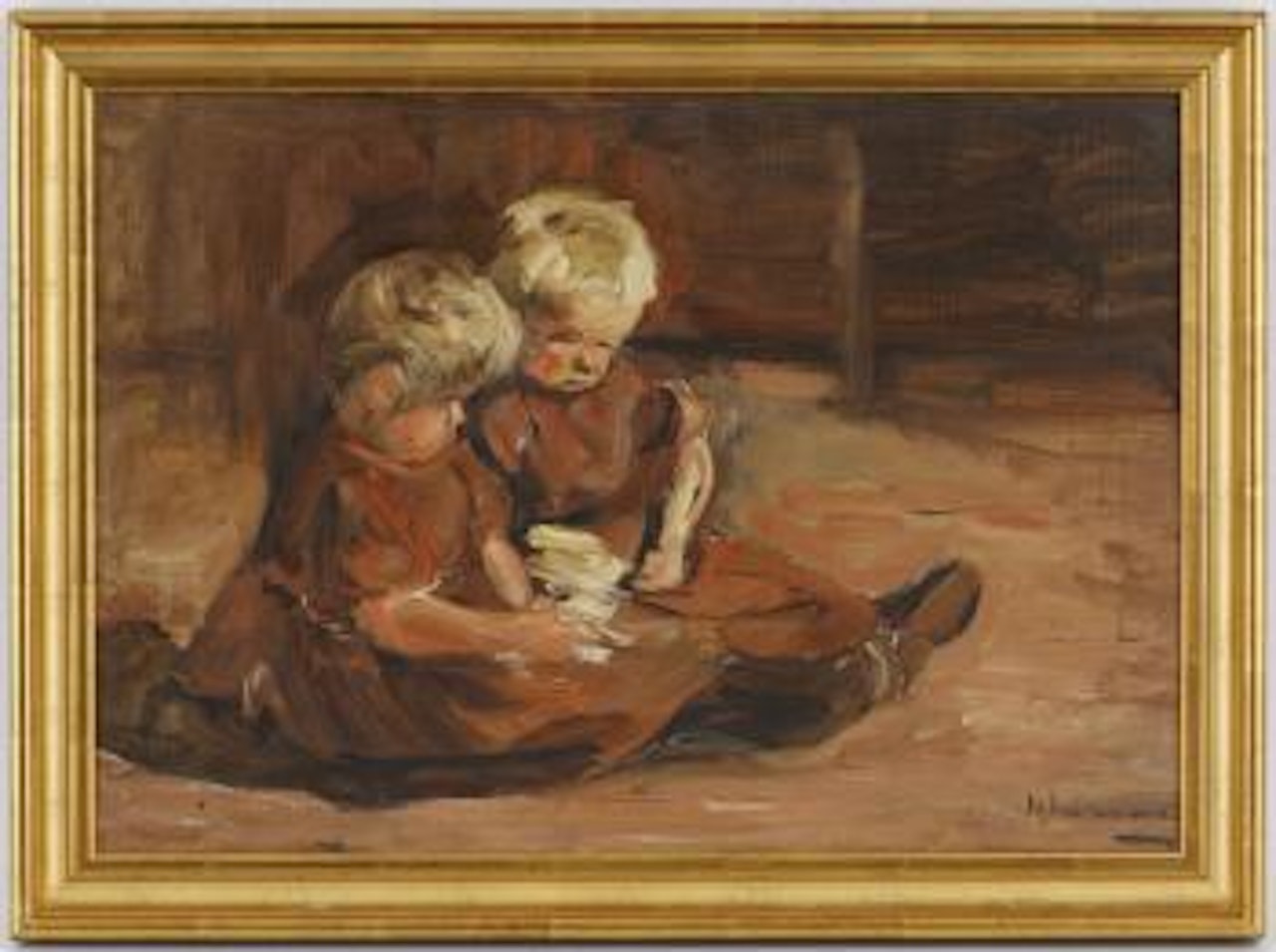 Spielende Kinder in einer Scheune by Max Liebermann