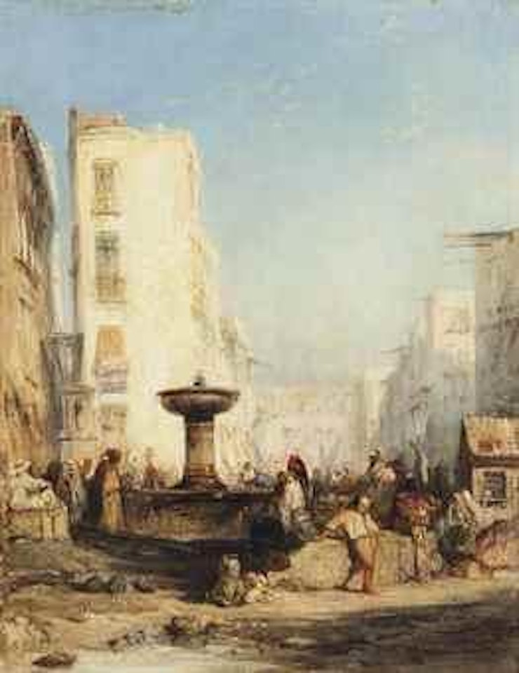 A fountain in a bustling street by Félix Ziem