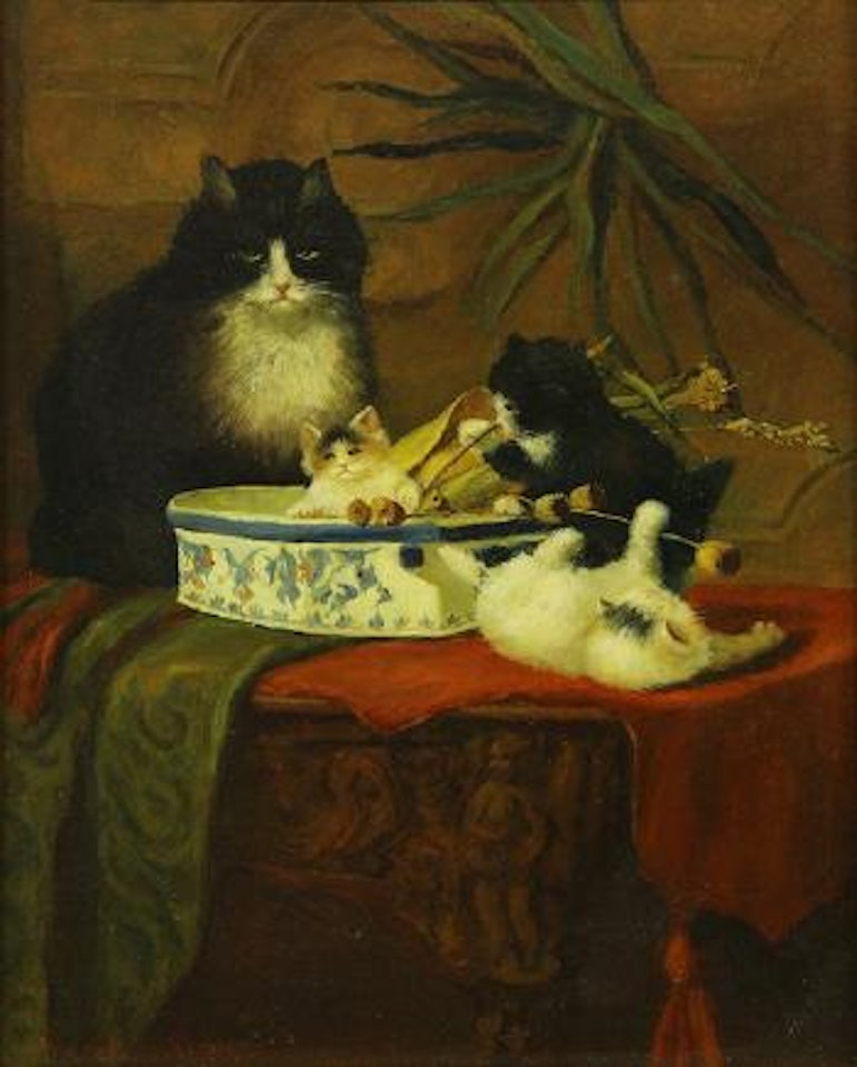 Cat and kittens playing by Henriette Ronner-Knip