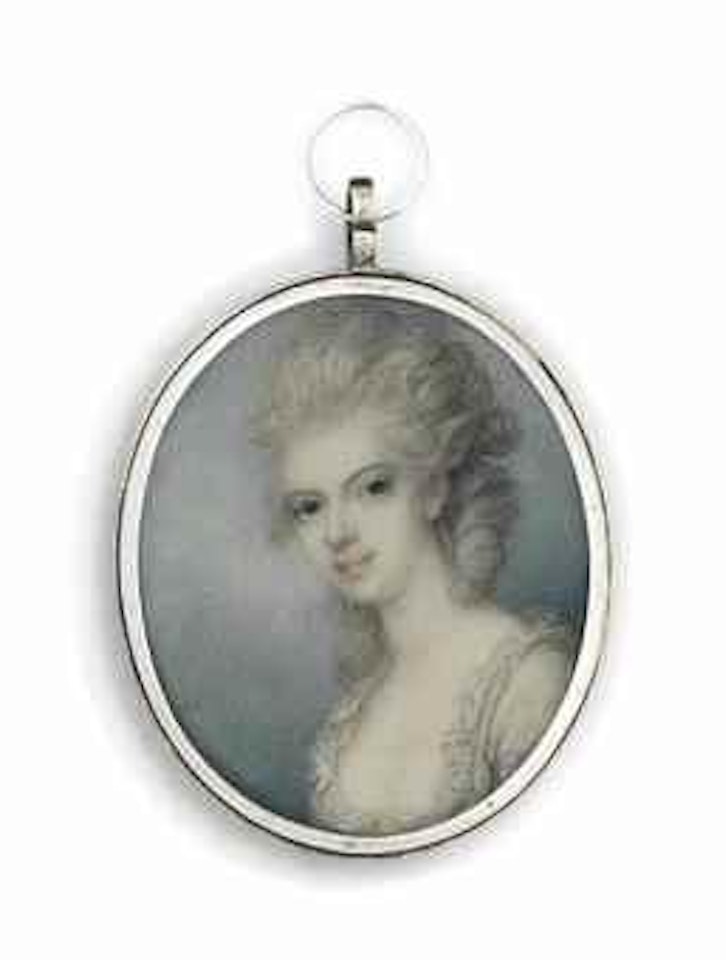 A young lady, in white dress, powdered upswept hair by Richard Cosway
