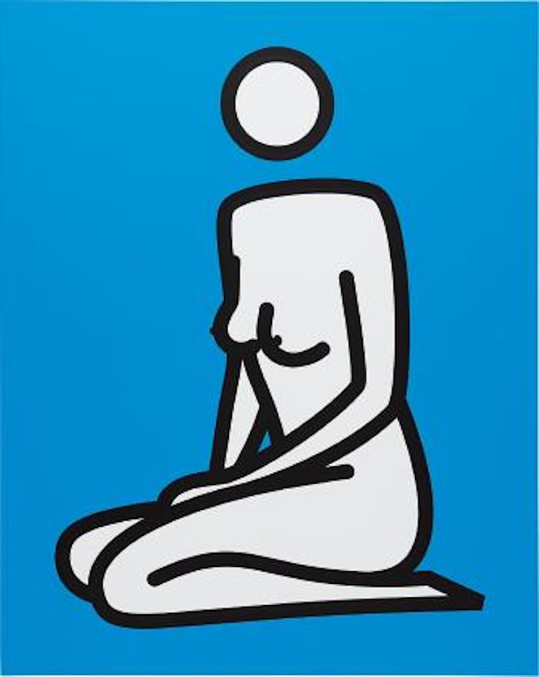 Female nude kneeling hands in front by Julian Opie