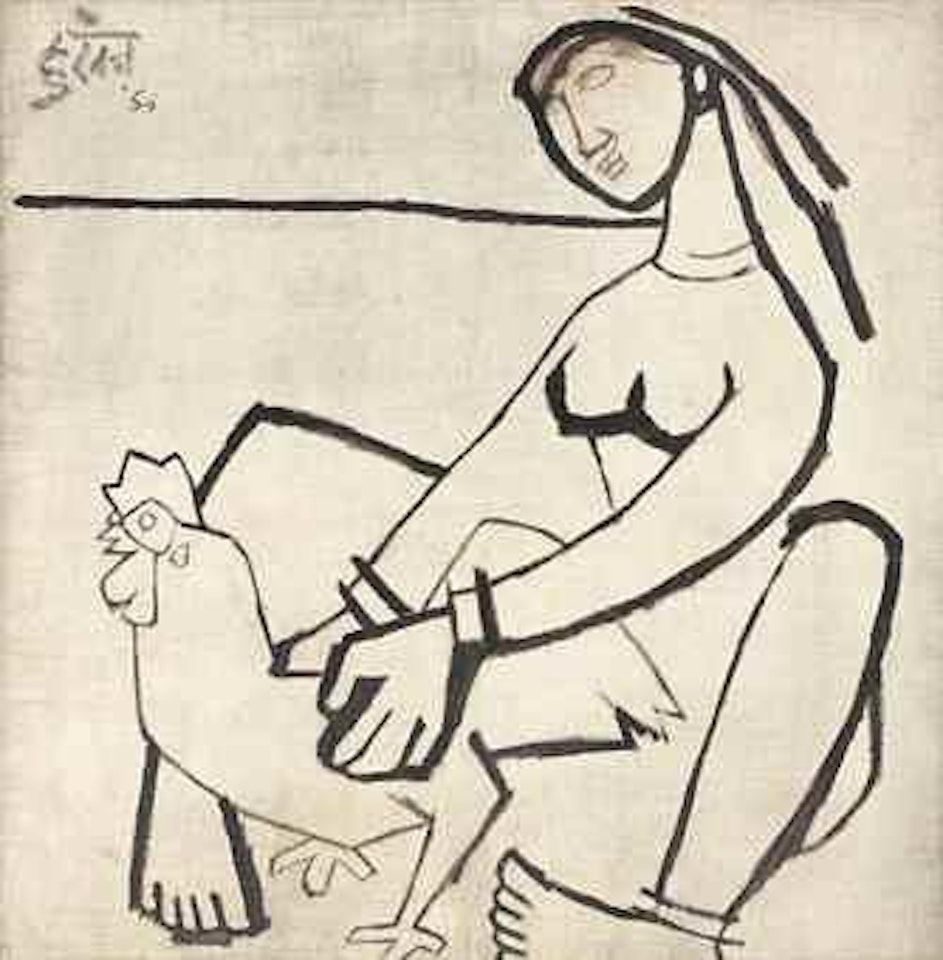 Untitled (Lady with Rooster) by M.F. Husain