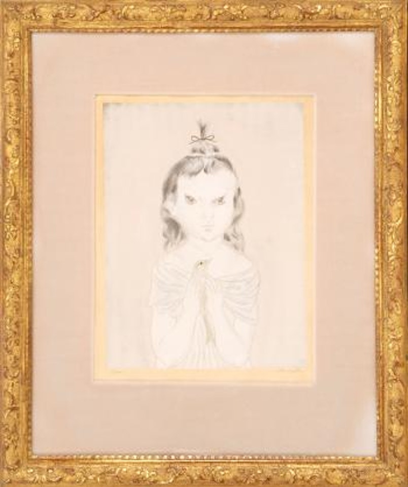 Little girl with top knot, holding a bird by Leonard Tsuguharu Foujita