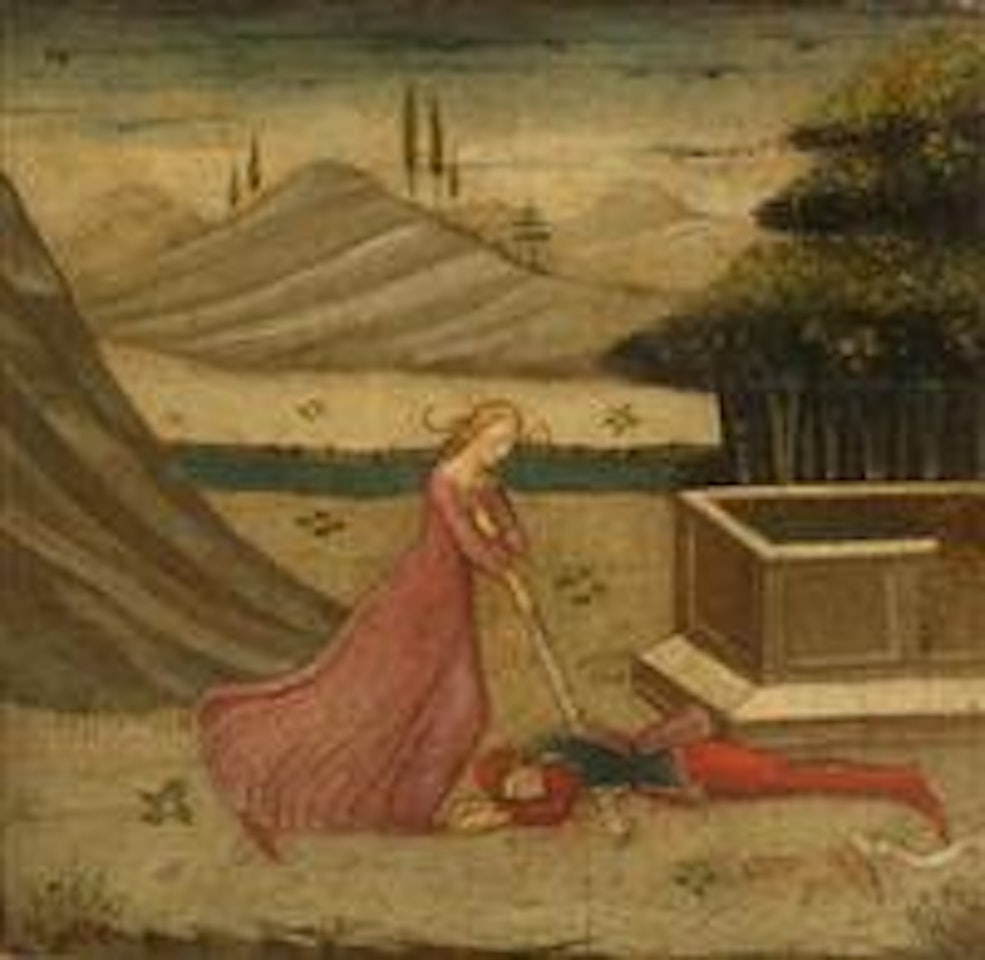 Lateral panel from a cassone with scene from Ovid's Metamorphoses: Pyramus and Thisbe by Florentine School
