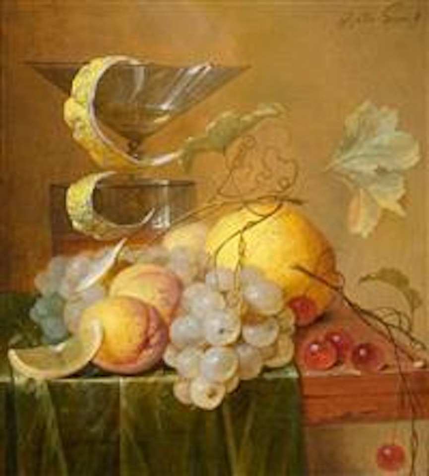A still life with grapes, apricots, cherries, a lemon and drinking glasses on a table by Jan Davidsz de Heem