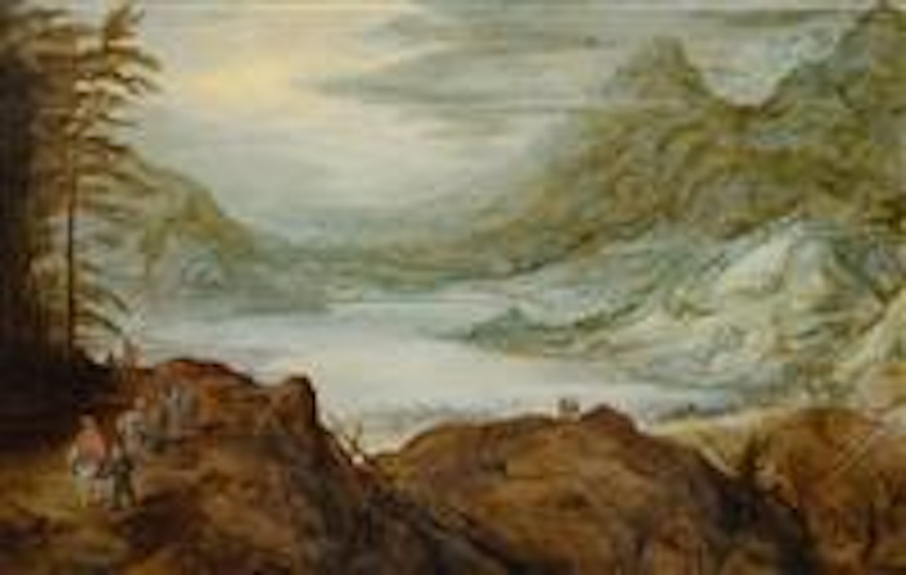 A vast mountain landscape with view of a lake and figures in the foreground by Joos de Momper the Younger